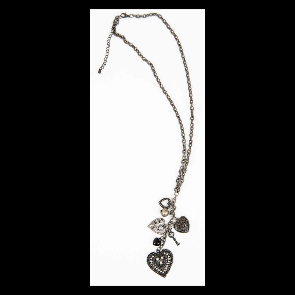 Black/Old Silver Tone Multi-Heart Charm Chain Necklace